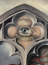 Load image into Gallery viewer, Intricate acrylic painting from Florencia Degraf featuring an eye within gothic architecture, showcasing unique surreal paintings.
