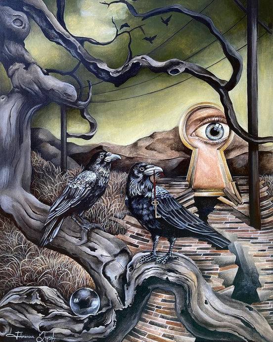 Surreal raven painting by Florencia Degraf featuring two crows and a keyhole in a mystical landscape