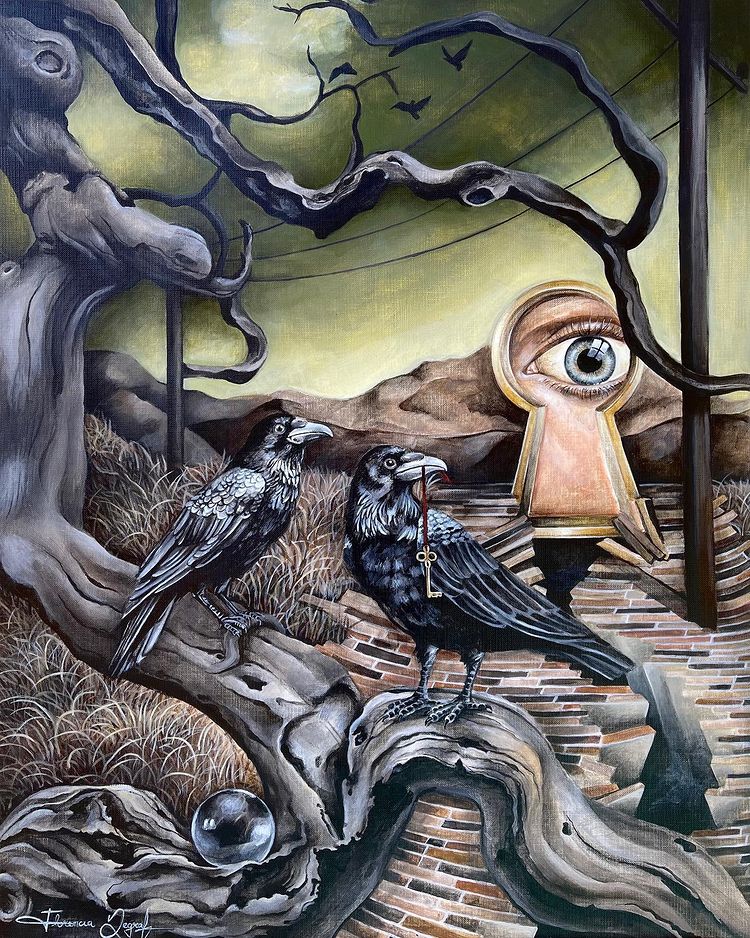 Surreal raven painting by Florencia Degraf featuring two crows and a keyhole in a mystical landscape