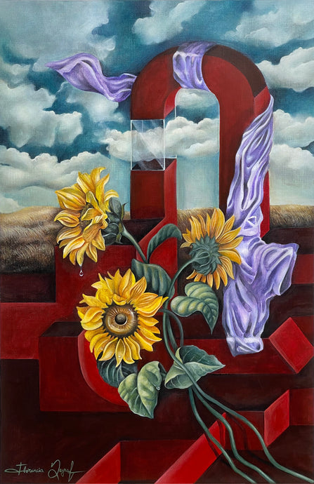 Surreal sunflower artwork featuring vibrant sunflowers and abstract elements in a dreamlike landscape