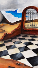 Load image into Gallery viewer, Acrylic painting of a surreal landscape with checkerboard floor showcasing Timeless Gallery art
