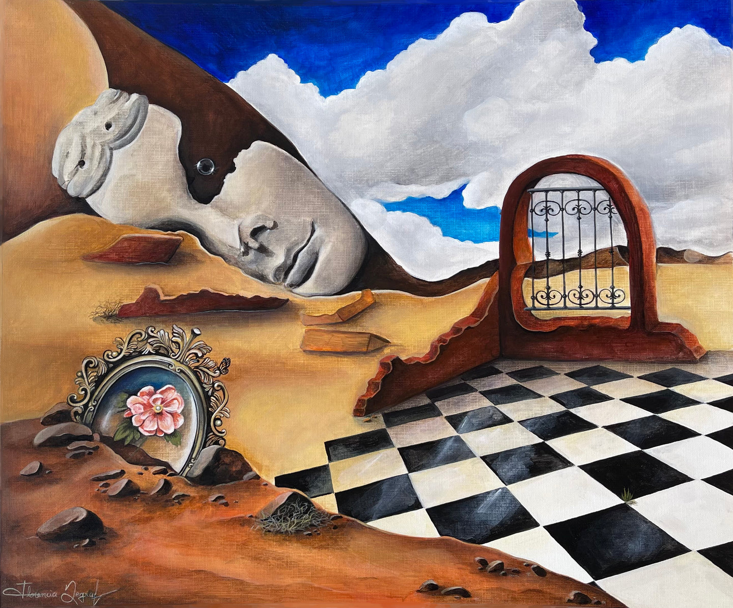 Surreal acrylic painting featuring a giant face and a checkered floor, showcasing Timeless Gallery art style